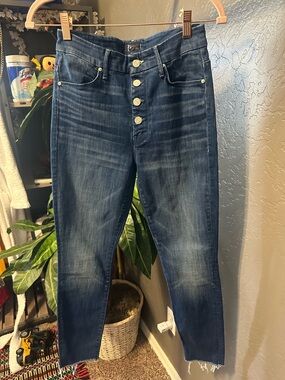 MOTHER Distressed Dark Blue Button-Fly Ankle Jeans